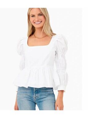 NWT Hyacinth House Women's XL White Tiered Puff Sleeve Peplum Blouse, MSRP $128